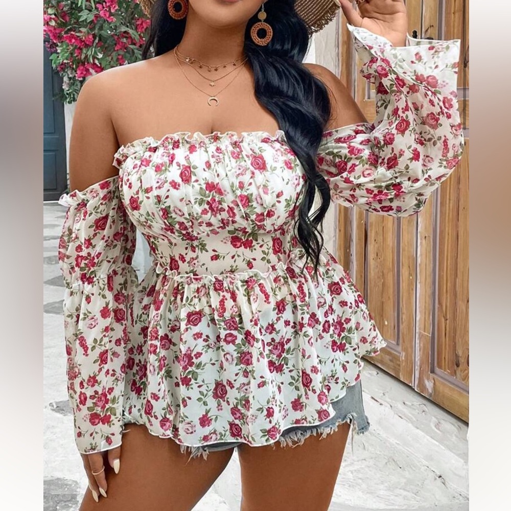 NWOT SHEIN Size 4X Off Shoulder Pink Floral Top CottageCore Roses Sexy Blouse